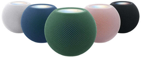 HomePod mini 2、メッシュ生地、上部のタッチサーフェス。カラーはホワイト、ブルー、グリーン、ピンク、ミッドナイト