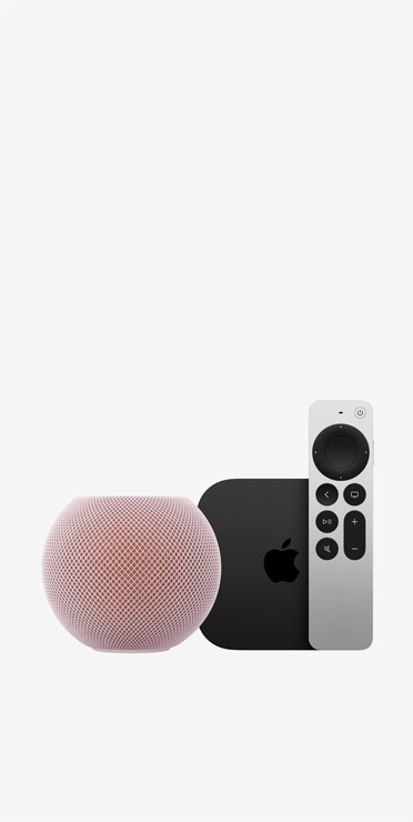 HomePod mini 2, couleur rose, avec une Apple TV 4K et une télécommande Siri Remote