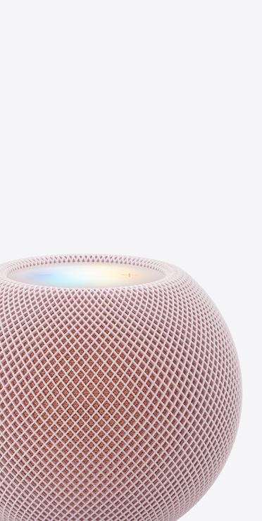 HomePod mini 2, couleur rose, plan rapproché de l’écran supérieur qui s’illumine
