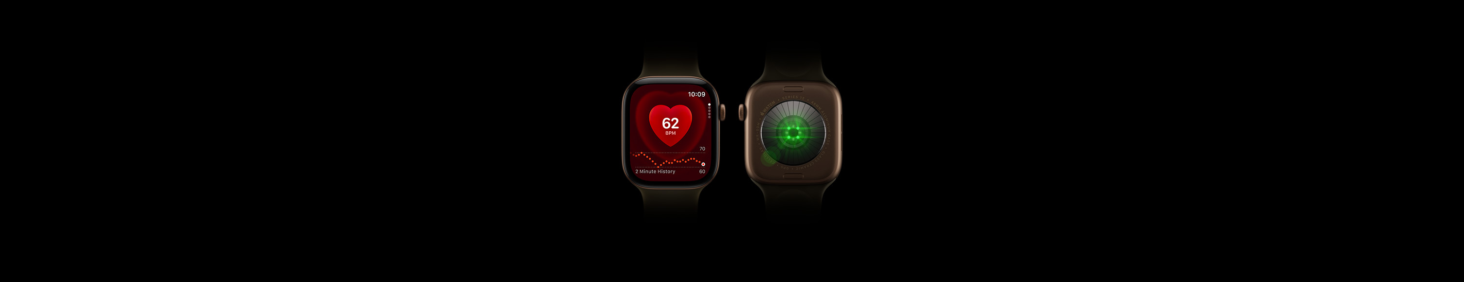 Zwei Apple Watch Series 12 Modelle, Aluminiumgehäuse, Farbe Dunkelbronze, Sportarmband in Olive, eine zeigt die Vorderseite mit der Herzfrequenz App, die andere zeigt die Rückseite mit dem System zur Gesundheitserkennung und leuchtenden grünen LEDs.