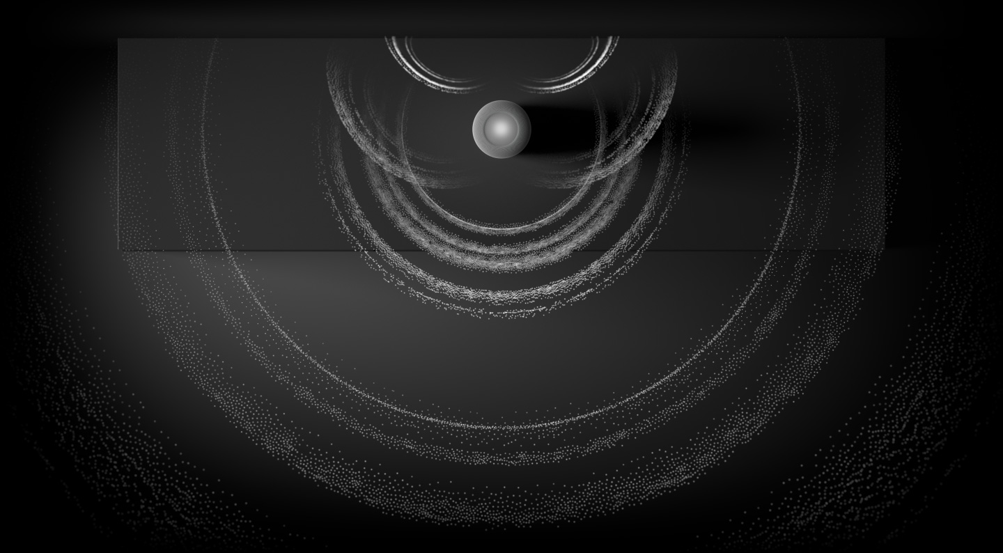 Visualisation de l’Audio spatial, vue aérienne du HomePod avec des anneaux ondulés de particules sonores qui en émanent.