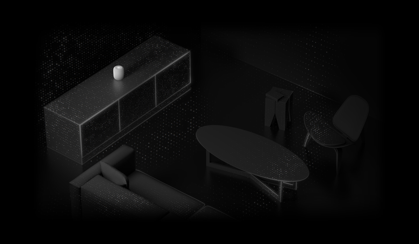 Visualisation de l’analyse de l’espace. Le HomePod est placé sur une commode dans une pièce. Des particules lumineuses représentant le son émanent du HomePod et se propagent sur les autres objets de la pièce : un canapé, une table basse, une table d’appoint et une chaise.