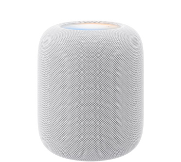 HomePod (รุ่นที่ 2), สีขาว, ภายนอกด้านหน้า, ดีไซน์ทรงกระบอก, ผ้าตาข่ายอะคูสติกแบบไร้รอยต่อ ภายนอกด้านบน, พื้นผิวระบบสัมผัสแบนเรียบที่มีแสงแบ็คไลท์, แสงเรืองรองหลากสีสัน
