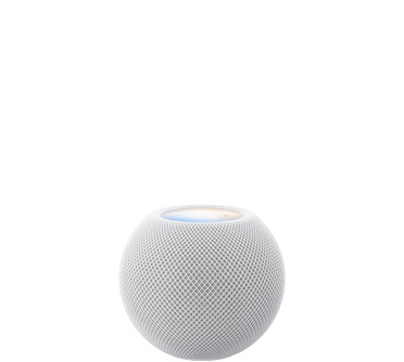 HomePod mini 2, สีขาว, ภายนอกด้านหน้า, ดีไซน์ทรงกลมขนาดกะทัดรัด, ผ้าตาข่ายอะคูสติกแบบไร้รอยต่อ ภายนอกด้านบน, พื้นผิวระบบสัมผัสแบนเรียบที่มีแสงแบ็คไลท์, แสงเรืองรองหลากสีสัน