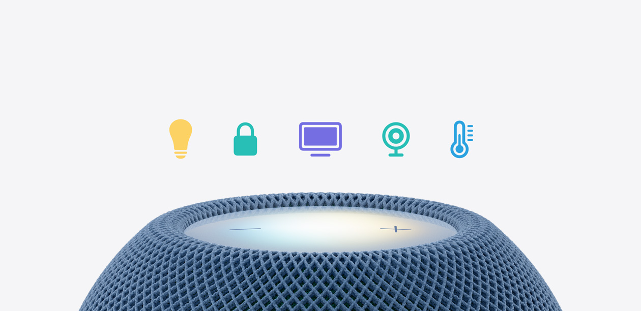 HomePod mini 2, ภายนอกด้านบน, สีน้ำเงิน, พื้นผิวระบบสัมผัสที่ส่องสว่าง, ไอคอนบ้านอัจฉริยะ 5 อันอยู่ด้านบน: หลอดไฟ, แม่กุญแจ, โทรทัศน์, กล้องวงจรปิด, เครื่องวัดอุณหภูมิ