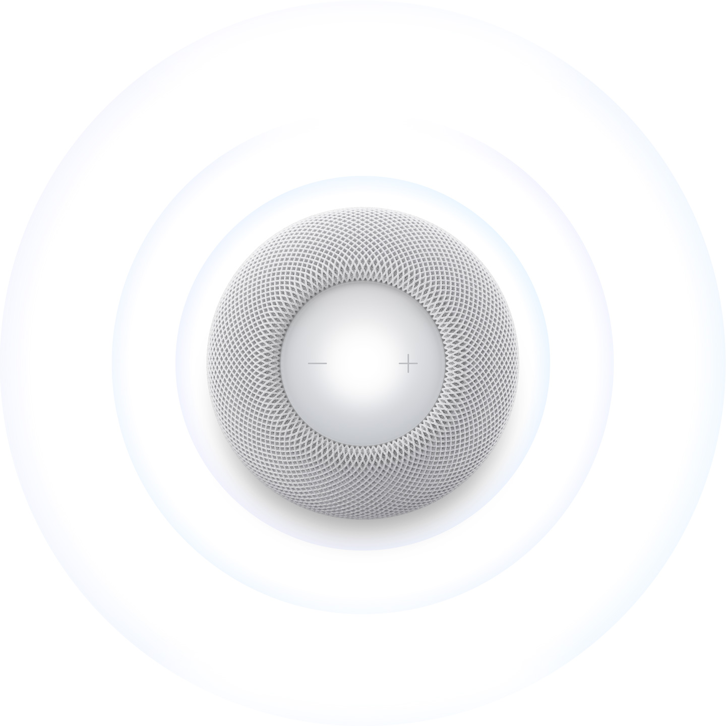 HomePod mini 2, สีขาว, ภายนอกด้านบน, คลื่นเสียงสีน้ำเงินอ่อนที่ซ้อนกันแผ่ขยายออกไปจากลำโพง