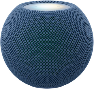 HomePod mini 2, สีน้ำเงิน (น้ำเงินเข้ม), ภายนอกด้านหน้า, ดีไซน์ทรงกลมขนาดกระทัดรัด, ผ้าตาข่ายอะคูสติกแบบไร้รอยต่อ ภายนอกด้านบน, พื้นผิวระบบสัมผัสแบนเรียบที่มีแสงแบ็คไลท์, แสงเรืองรองหลากสีสัน