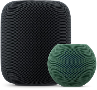 HomePod in Mitternacht neben einem HomePod mini 2 in Grün, der Größenvergleich zeigt den größeren zylindrischen HomePod neben dem kompakten, kugelförmigen HomePod mini 2