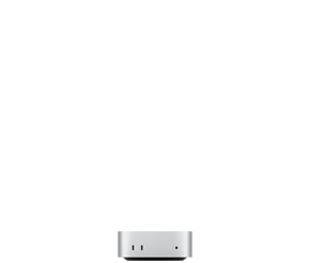 Mac mini, mặt trước, hai cổng Thunderbolt (USB-C), đèn báo trạng thái và jack cắm tai nghe, đế màu đen thuôn ở phía dưới, mặt trên phẳng, các cạnh bên bo tròn, đường viền thẳng, màu bạc