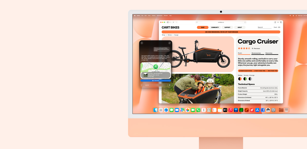 iMac, vỏ ngoài mặt trước, màu cam, hiển thị cuộc trò chuyện với Siri AI để nhận đề xuất về tuyến đường đạp xe, và trình duyệt Safari với một trang web về xe đạp
