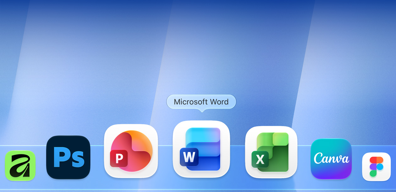 Dock displaying app icons including Adobe Photoshop, Microsoft PowerPoint, Microsoft Word, Microsoft Excel, and Canva