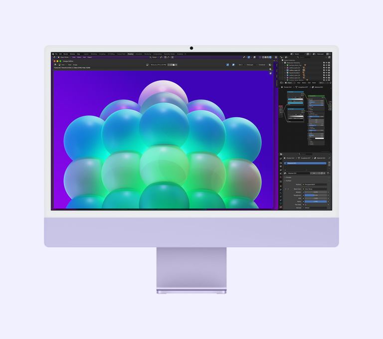 iMac, front exterior, purple color, displaying a colorful bubble structure in an image editing app