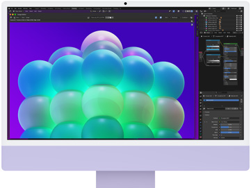 iMac, vỏ ngoài mặt trước, màu tím, hiển thị một cấu trúc bong bóng đầy màu sắc trong ứng dụng chỉnh sửa ảnh