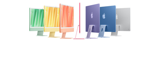 Bảy phiên bản iMac màu xanh lá, vàng, cam, hồng, tím, xanh dương và bạc, trong vị trí sắp đặt giống đàn accordion