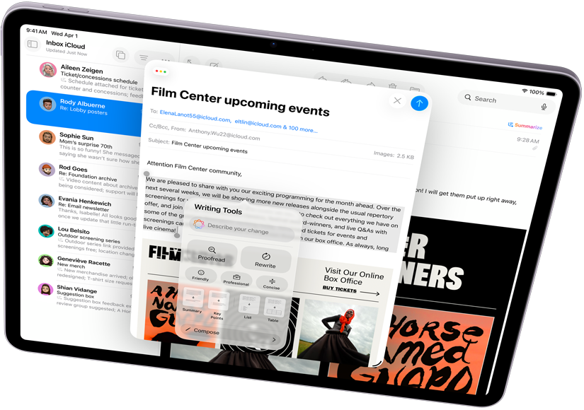iPad Air en mode paysage présentant Apple Intelligence avec les Outils d’écriture et Mail