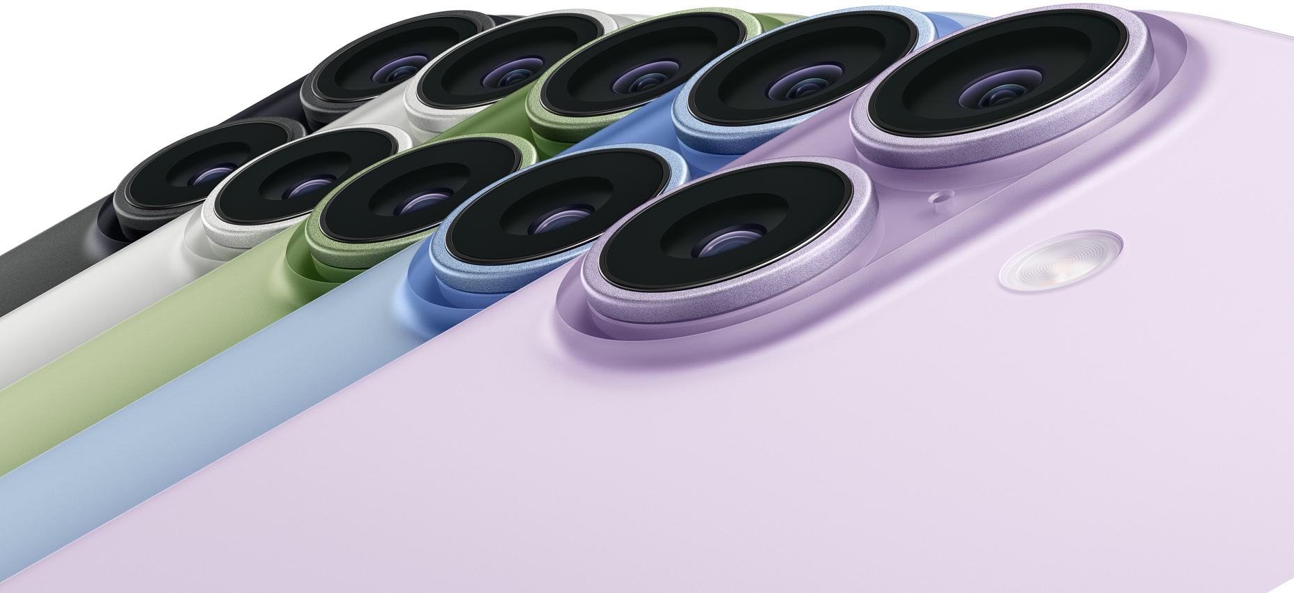 五部 iPhone 17 的機身背面，顏色分別為黑色、白色、鼠尾草綠色、霧藍色和薰衣草紫色，均展示位於裝置左上角的雙融合相機系統。
