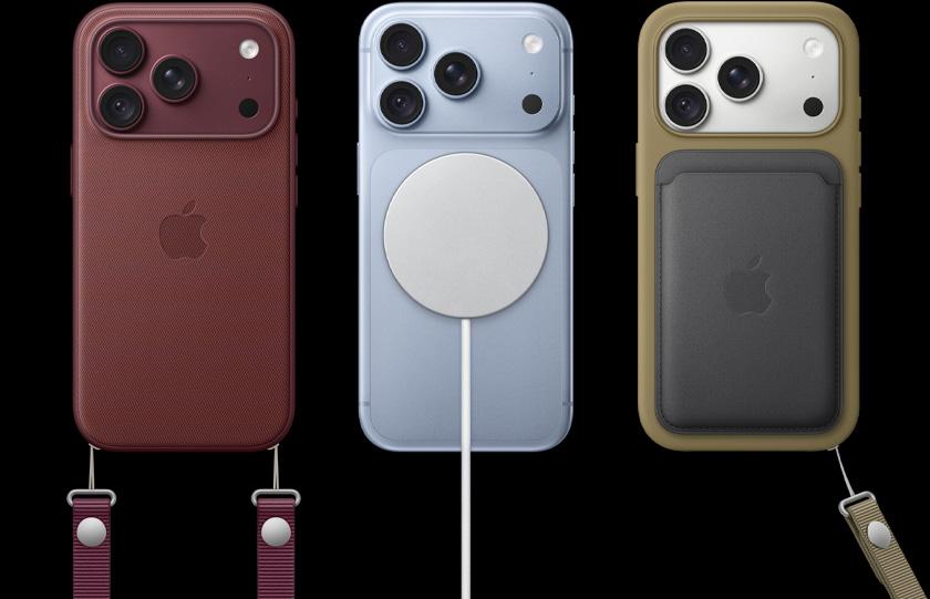 左から順に、バーガンディのレザーケースとバーガンディのリストストラップを装着したiPhone 18 Pro、ホワイトのMagSafe充電器を取りつけたグレイシャーのiPhone 18 Pro、グリーンのiPhoneケース、ブラックのレザーのカード入れ、リストストラップを装着したシルバーのiPhone 18 Pro