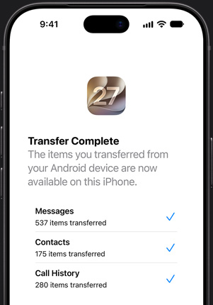 iPhone 螢幕展示「轉移至 iOS」app，顯示已完成轉移