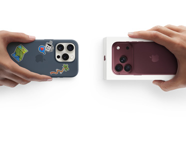 Hands exchanging trade-in iPhone 17 with Silicon cover, for new iPhone 18 Pro in the box.