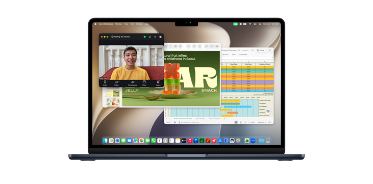 MacBook Air 13" runs Zoom, Excel, and Keynote simultaneously, highlighting advanced multitasking ability.