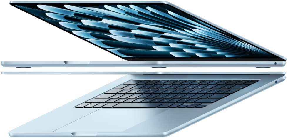 Deux MacBook Air bleu ciel ouverts forment une flèche, soulignant la finesse du profil