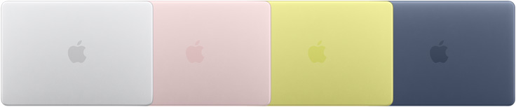 Gehäuse von vier MacBook Neo Modellen in vier verschiedenen Farben