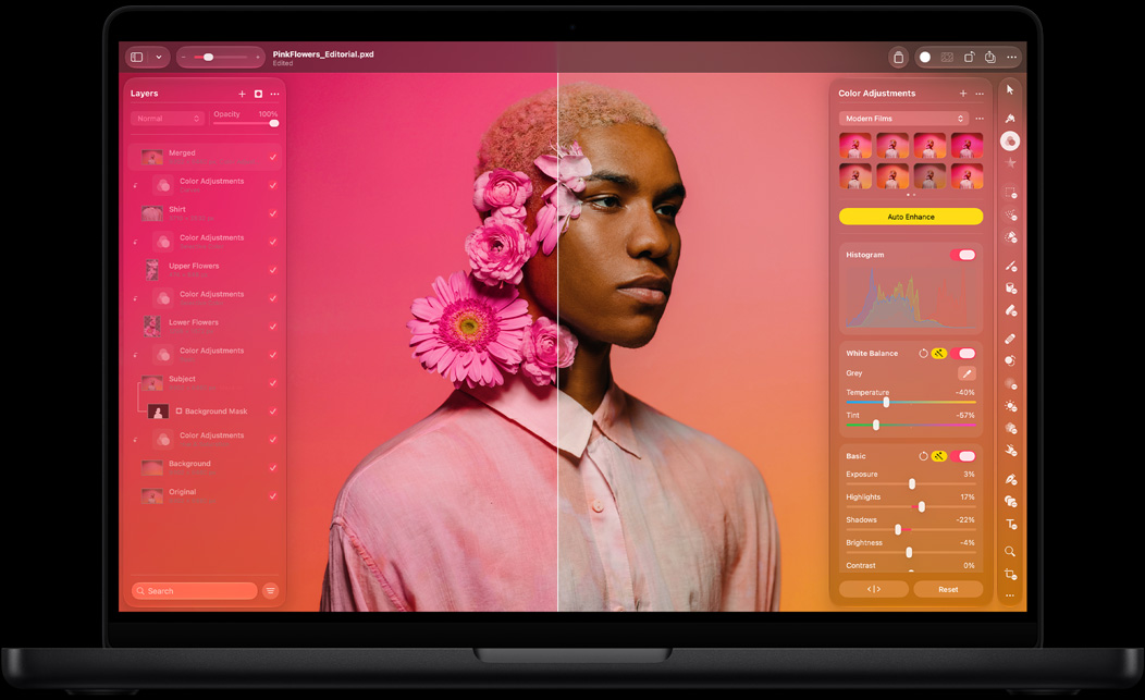 A tela mostra o Pixelmator Pro, com uma imagem dividida antes e depois de aplicar o efeito Retrato. O cabelo da pessoa retratada tem flores rosa. A imagem à esquerda tem tons de rosa vibrantes, e à direita, tons neutros. O painel Camadas está à esquerda, e o painel Ajustes de Cor está à direita