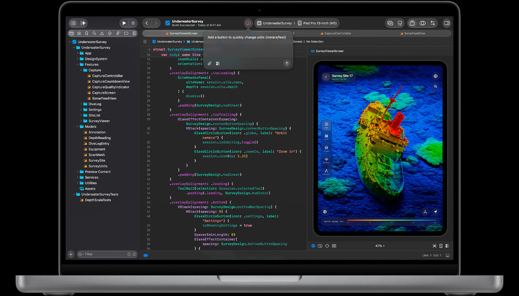 MacBook Pro, Xcode, AI assistant prompt reads: Add a button to quickly change units, meters or feet, code editor with Swift code on left, preview on right shows iPad app with 3D scan of a shipwreck on the ocean floor