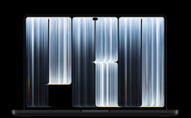 MacBook Pro mit PROLED XDR Display, Farbe Space Schwarz, geöffnet, das Display zeigt bandartige Objekte mit einem dichten Muster aus leuchtenden Streifen in verschiedenen Breiten, die das Wort Pro ergeben