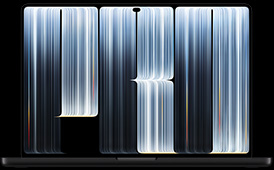 MacBook Pro mit PROLED XDR Display, Farbe Space Schwarz, geöffnet, das Display zeigt bandartige Objekte mit einem dichten Muster aus leuchtenden Streifen in verschiedenen Breiten, die das Wort Pro ergeben