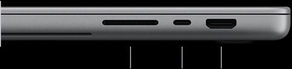 MacBook Pro mit PROLED XDR Display, Farbe Silber, geschlossen, rechte Seite mit drei Anschlüssen: SDXC, Thunderbolt 5 und HDMI