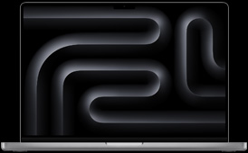 MacBook Pro, silver colour, open, display shows geometric wavy pattern