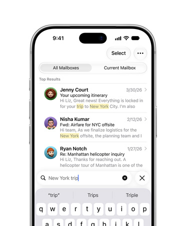 iPhone 18 Pro, Silver, screen showing selection of emails retrieved from search term New York City trip