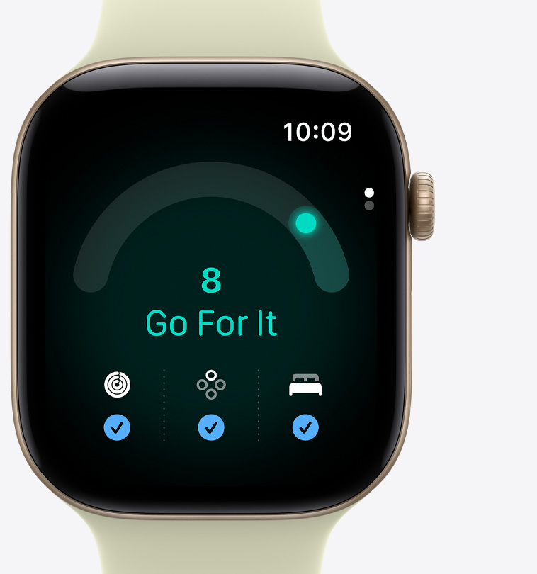Apple Watch Series 12, aluminium case, light gold colour, screen shows Readiness app, readiness score at 8, message reads "go for it", Activity rings, Vitals and sleep score metrics with blue checkmarks at bottom of screen, connected to Sport Band, pale succulent colour (light yellow-green)