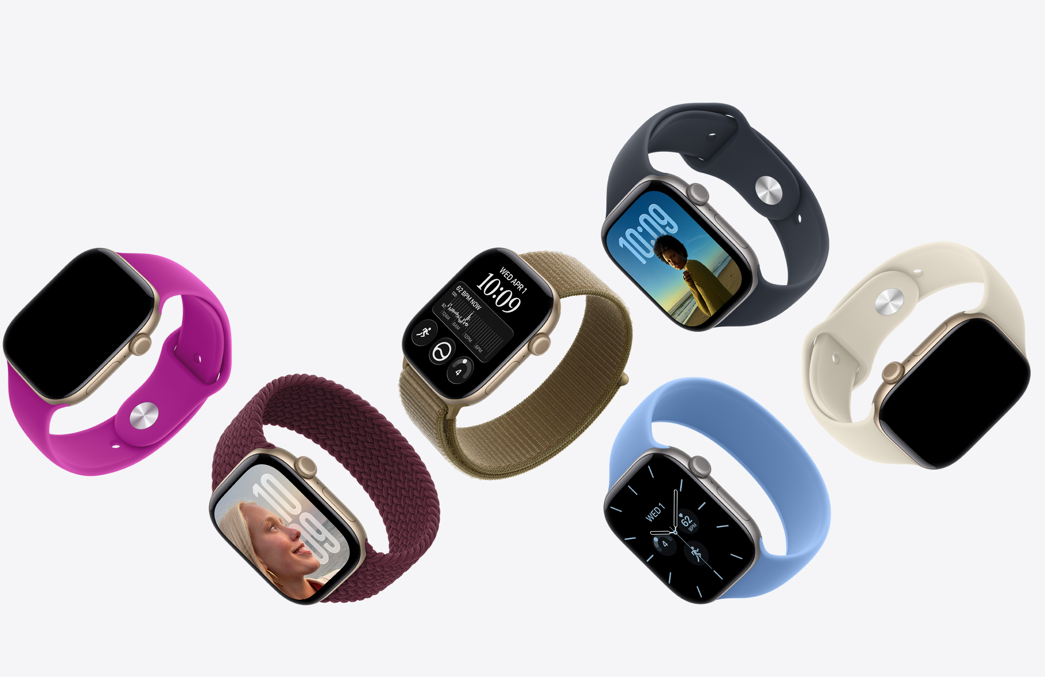 Dispositivos Apple Watch, diversos materiales de caja, y correas