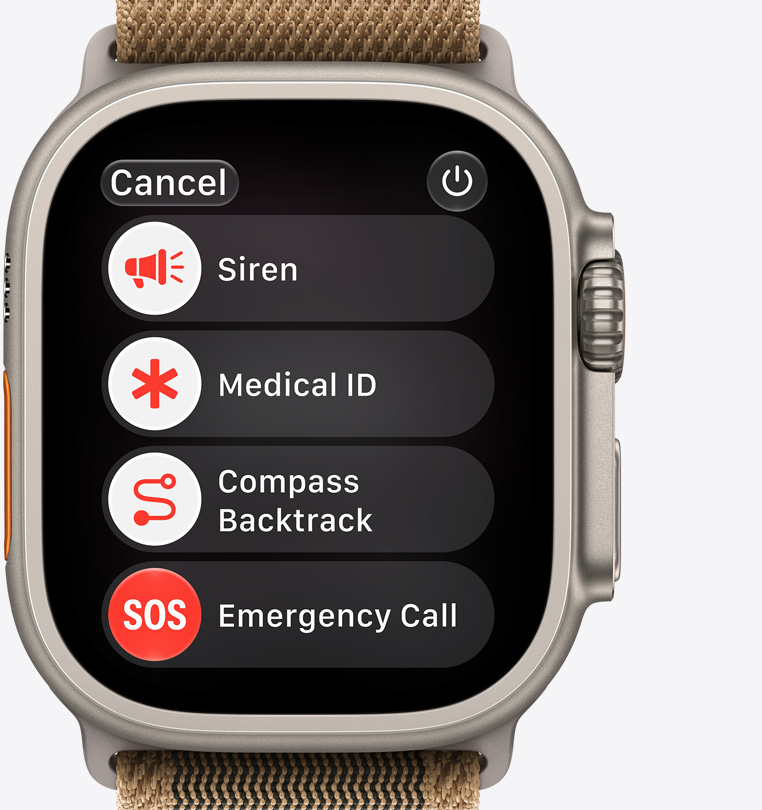 Apple Watch Ultra 4, titanium case, natural colour, emergency assistance options on screen: siren, medical ID, compass backtrack, emergency call