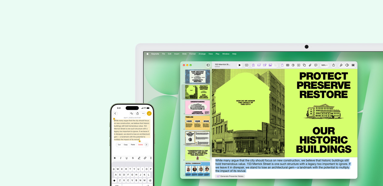 iMac và iPhone, đặt cạnh nhau. Văn bản từ ứng dụng Ghi Chú trên iPhone được sao chép và dán lên iMac