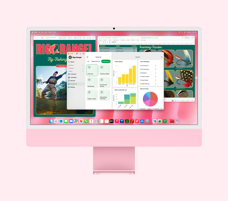 iMac, front exterior, pink color, screen displaying multiple apps